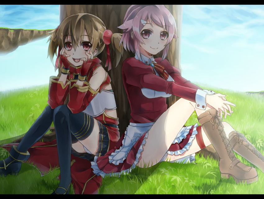 2girls armor bare_shoulders black_thighhighs breastplate breasts brown_hair commentary_request cross-laced_footwear detached_sleeves fingerless_gloves gloves hair_between_eyes keita_(tundereyuina) letterboxed lisbeth_(sao) long_legs long_sleeves medium_breasts multiple_girls open_mouth panties pink_eyes pink_hair puffy_sleeves red_eyes red_gloves red_skirt red_sleeves short_hair short_twintails silica sitting skirt smile sword_art_online thighhighs thighs tree twintails underwear white_panties