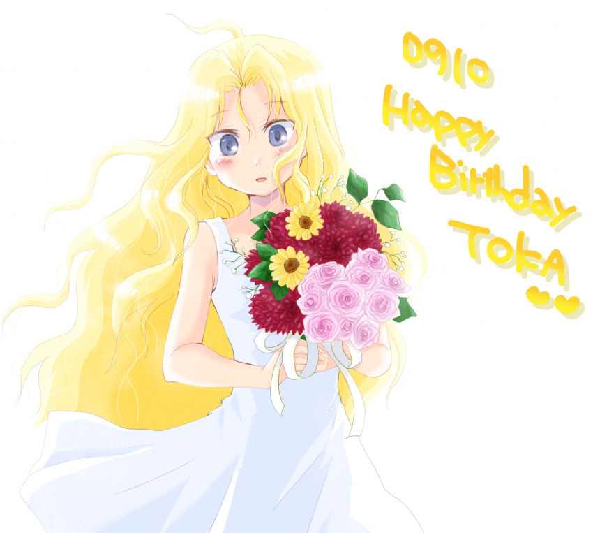 birthday blonde_hair blue_eyes blush bouquet carnation commentary_request dress female flower long_hair nashi_(starfish0115) ribbon rose ryuumonbuchi_touka saki_(manga) smile solo sundress sunflower white_dress