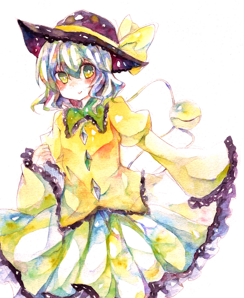 blue_hair blush commentary_request female hat hat_ribbon highres komeiji_koishi long_sleeves looking_at_viewer multicolored_eyes multicolored_hair niyasuke_(yama) painting_(medium) puffy_sleeves ribbon skirt smile solo third_eye touhou traditional_media watercolor_(medium)