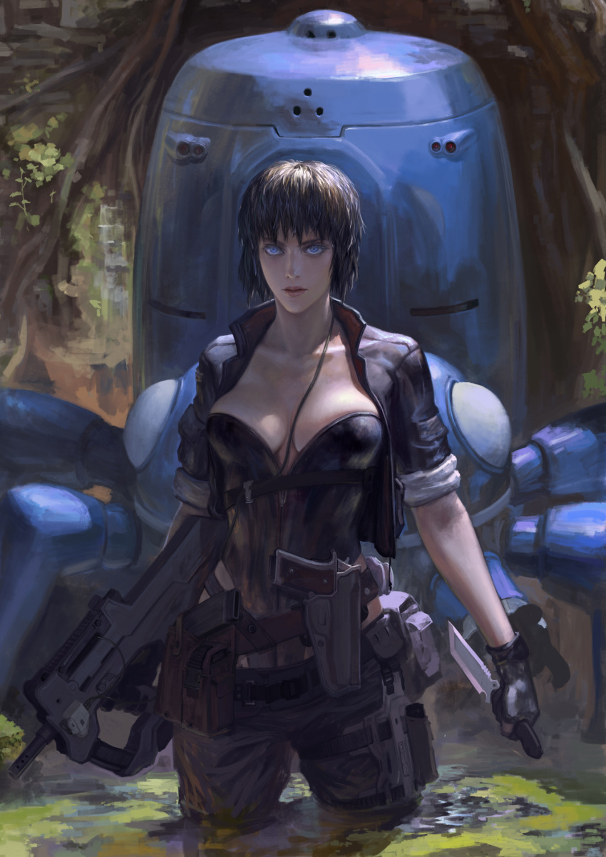 black_hair blue_eyes breasts chinese_commentary cleavage commentary_request cyberpunk dual_wielding female fingerless_gloves ghost_in_the_shell ghost_in_the_shell_stand_alone_complex gloves gun highres holding holster knife kusanagi_motoko large_breasts lips photoshop_(medium) realistic reverse_grip rifle robot science_fiction short_hair solo tachikoma wading water weapon wetland xiaji