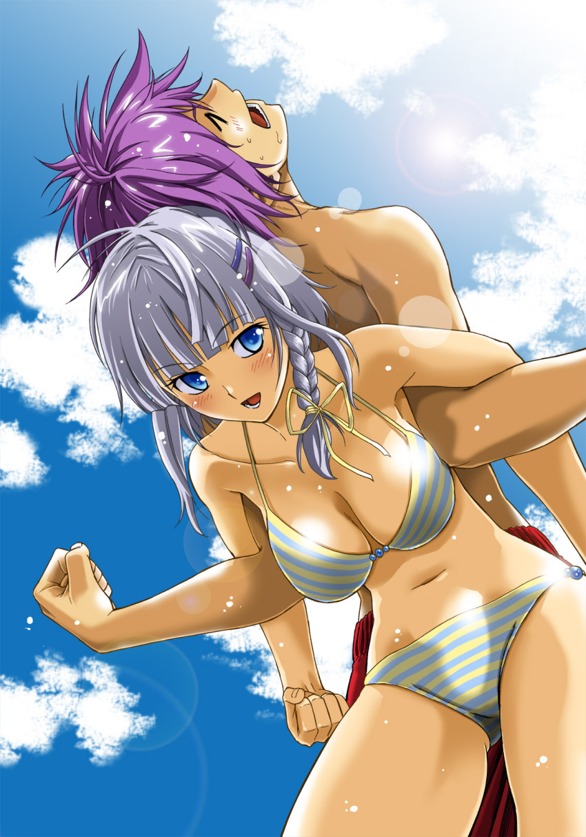 1boy :d alternate_costume arado_balanga ass_visible_through_thighs assisted_stretching back-to-back bare_shoulders bikini blue_bikini blunt_bangs blush braid breasts clenched_hand closed_eyes cloud collarbone commentary_request couple day female from_below grey_hair hair_ornament hair_ribbon hairclip highres lens_flare lifting_person locked_arms male_swimwear medium_breasts midriff navel oku_hideki open_mouth photoshop_(medium) purple_hair ribbon seolla_schweizer single_braid sky smile straight stretching striped_bikini striped_clothes sunlight super_robot_wars super_robot_wars_original_generation swim_trunks swimsuit yellow_bikini