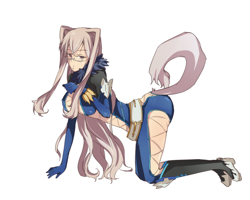 all_fours animal_ears belt bodysuit boots breasts brown_hair cat_ears cat_tail elbow_gloves female fur glasses gloves long_hair presa_(tales) preza purple_eyes tail tales_of_(series) tales_of_xillia