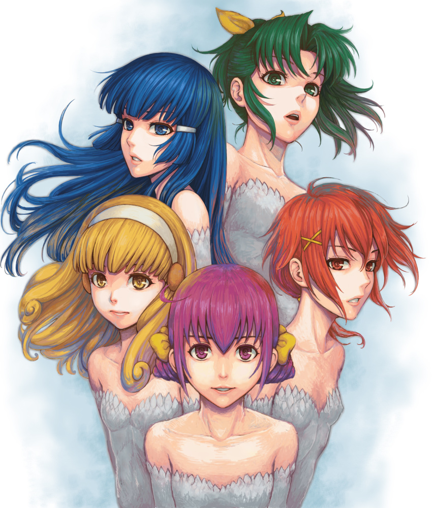 5girls aoki_reika bare_shoulders blonde_hair blue_eyes blue_hair breasts commentary_request dress elenab green_eyes green_hair hair_ornament hair_tubes hairband highres hino_akane_(smile_precure!) hoshizora_miyuki long_hair looking_at_viewer midorikawa_nao multiple_girls pink_eyes pink_hair precure red_eyes red_hair short_hair small_breasts smile smile_precure white_hairband yayoi_kise yellow_eyes