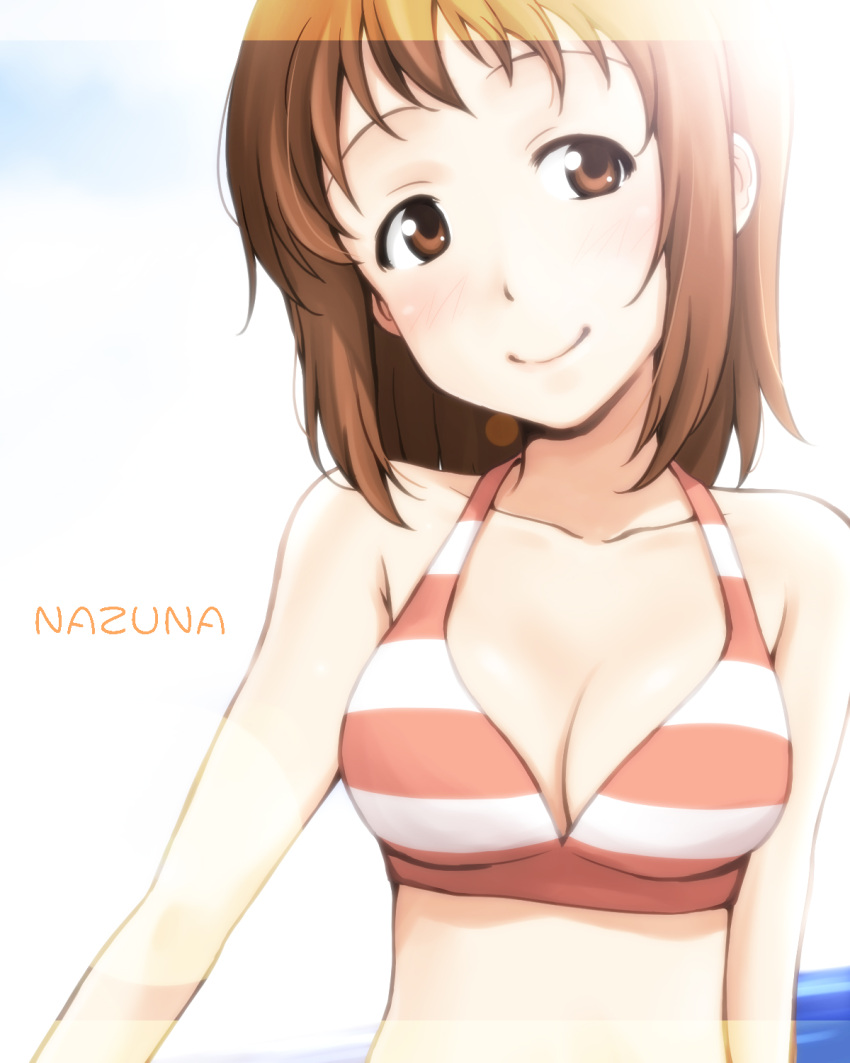 bikini breasts brown_eyes brown_hair character_name cleavage commentary_request female highres ikari_manatsu photoshop_(medium) short_hair smile solo striped_bikini striped_clothes swimsuit takanashi_nazuna upper_body working!!