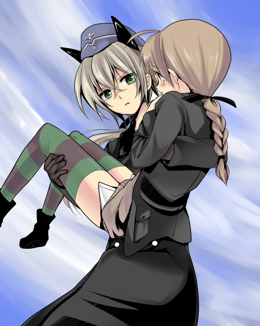 2girls absurdres ahoge animal_ears azumada blush braid brown_hair carrying commentary_request green_eyes hair_ribbon hanna_rudel hat highres lynette_bishop military military_uniform multiple_girls no_pants princess_carry ribbon scar scar_on_face scar_on_nose single_braid strike_witches strike_witches:_suomus_misfits_squadron striped_clothes striped_thighhighs thighhighs uniform wolf_ears wolf_girl world_witches_series yuri