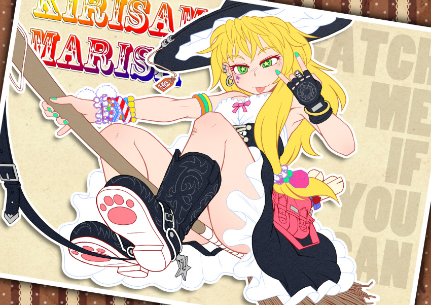 :p \n/ armpits blonde_hair boots bracelet broom character_name commentary_request earrings female green_eyes hat highres iromeki_overdrive jewelry kirisame_marisa long_hair nail_polish photoshop_(medium) shoe_soles solo star-shaped_pupils star_(symbol) symbol-shaped_pupils tongue tongue_out touhou witch_hat