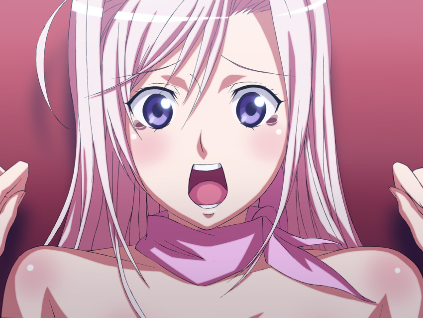 bare_shoulders blush charlotte_hazellink erohi long_hair looking_at_viewer molestation naked_shoulders open_mouth pink_hair princess_lover purple_eyes rocoroto rokoroto scared scarf tears teeth