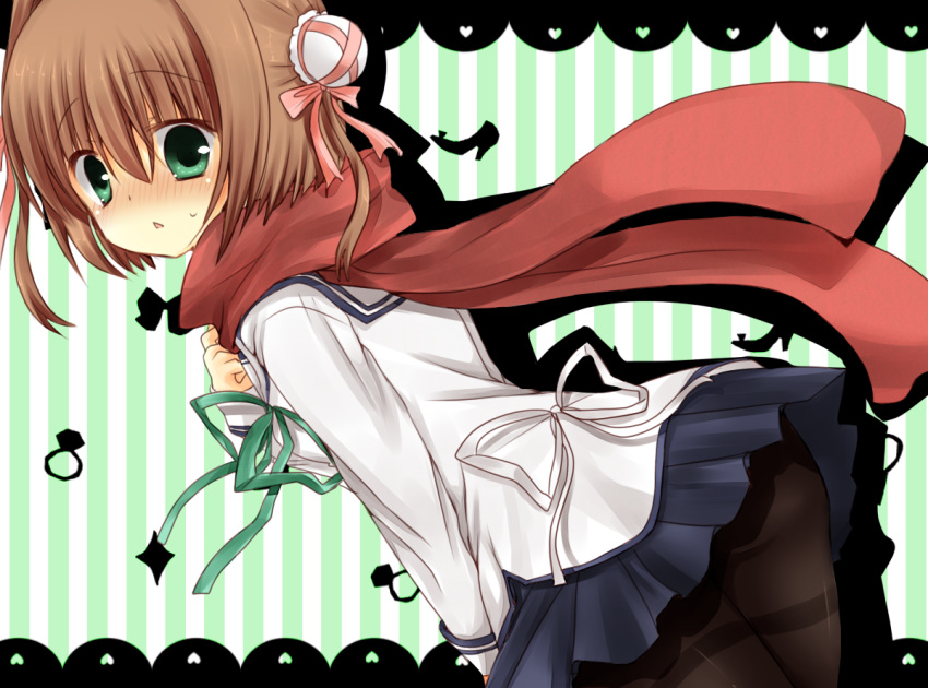 asakura_yume bent_over blush brown_hair commentary_request da_capo da_capo_ii female green_eyes looking_back pantyhose ribbon scarf short_hair skirt solo suzunone_rena