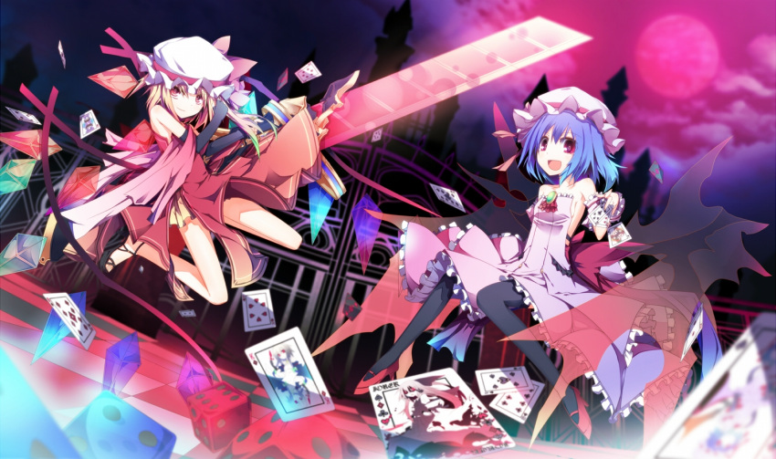 flandre_scarlet ichiyan moon remilia_scarlet thighhighs touhou wings