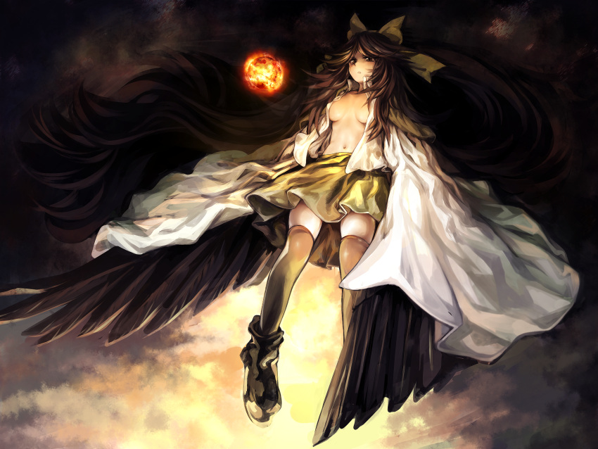 arm_cannon black_wings breasts brown_eyes brown_hair cloud commentary_request female flying geppewi green_skirt highres long_hair medium_breasts navel no_bra open_clothes open_shirt reiuji_utsuho shirt skirt solo thighhighs touhou weapon wings zettai_ryouiki