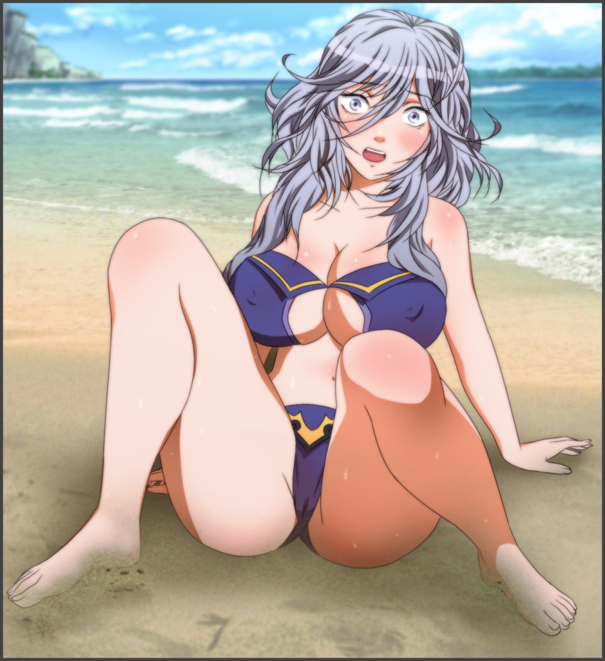 banpresto beach blush breasts cleavage cloud feet highres large_breasts long_hair open_mouth purple_hair sand shiony_regis sky solo spread_legs super_robot_wars sweat swimsuit toes water yadokari_genpachirou