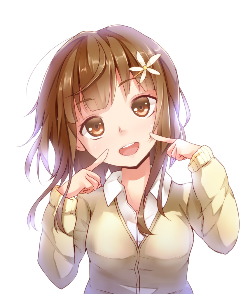 :d bad_id bad_nicoseiga_id brown_eyes brown_hair dabadhi female finger_to_face hair_ornament highres long_hair open_mouth original smile solo upper_body white_background