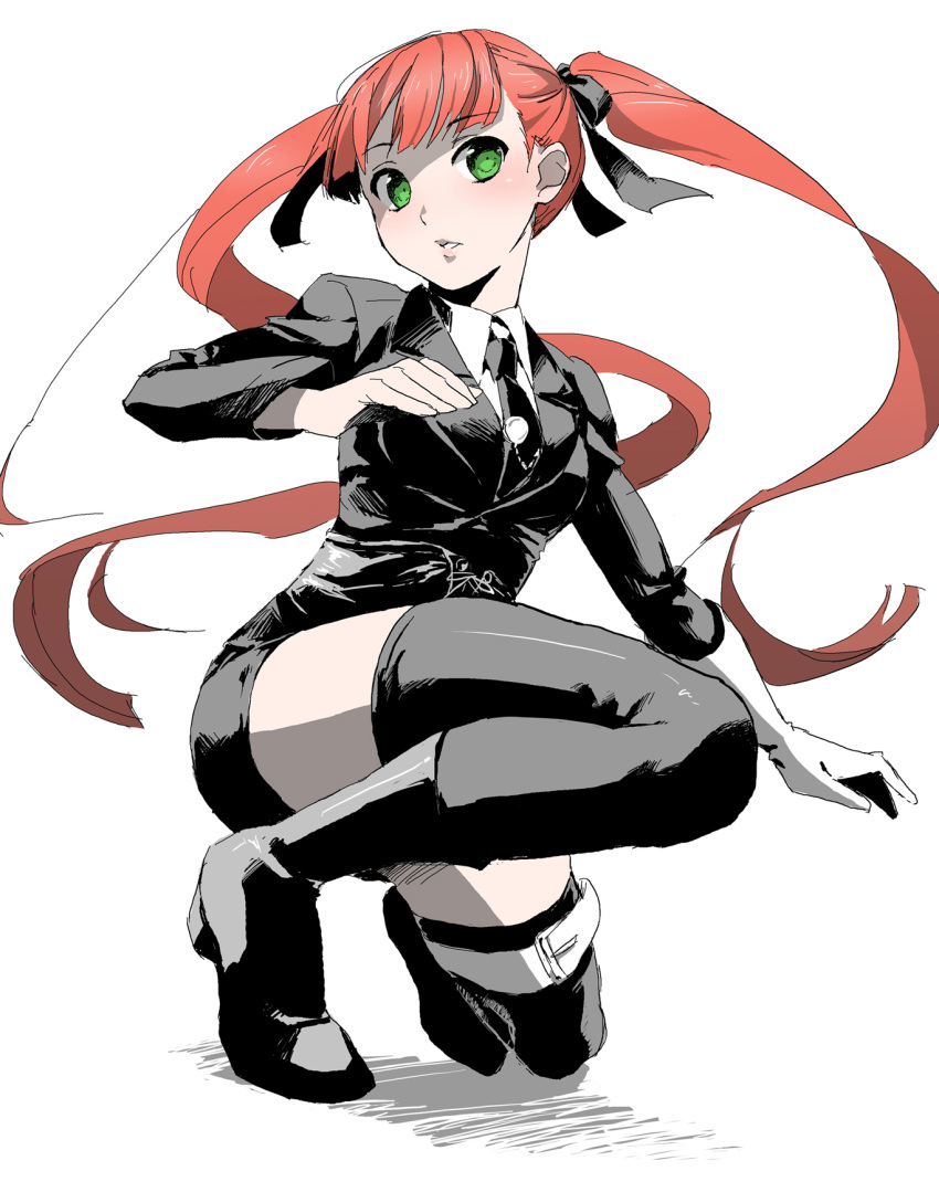 arcana_famiglia black_thighhighs blush boots commentary_request felicita female formal full_body gloves green_eyes highres ikuwataru_nagomi long_hair parted_lips photoshop_(medium) red_hair simple_background single_glove solo squatting suit thigh_strap thighhighs twintails white_background white_gloves