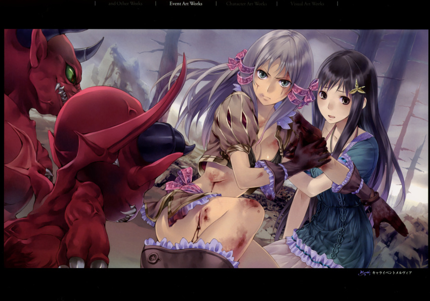 2girls atelier_(series) atelier_totori black_hair blood breasts brown_eyes cecilia_helmold cleavage gloves green_eyes grey_hair hair_ornament hair_ribbon hairpin injury kishida_mel long_hair medium_breasts mervia_siebel monster multiple_girls official_art ribbon serious sitting skirt tress_ribbon