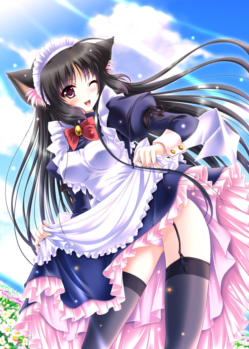 :d akino_shin animal_ears apron black_hair black_thighhighs blush clothes_lift cloud commentary_request day female flower garter_straps highres leaning_forward long_hair looking_at_viewer maid maid_headdress one_eye_closed open_mouth original panties pantyshot photoshop_(medium) purple_eyes skirt skirt_lift sky smile solo sunlight thighhighs underwear white_panties