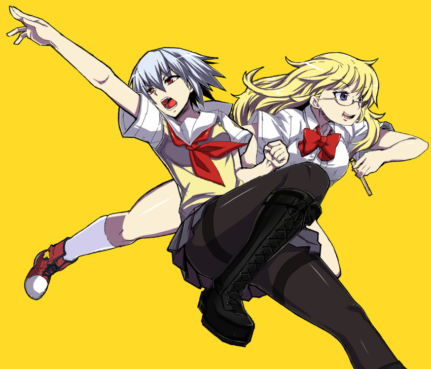 2girls ben-tou black_legwear blonde_hair blue_eyes boots chopsticks commentary_request glasses grey_hair highres jaggy_lines legs long_hair minarai multiple_girls open_mouth pantyhose red_eyes school_uniform shaga_ayame short_hair simple_background skirt socks thighband_pantyhose yarizui_sen