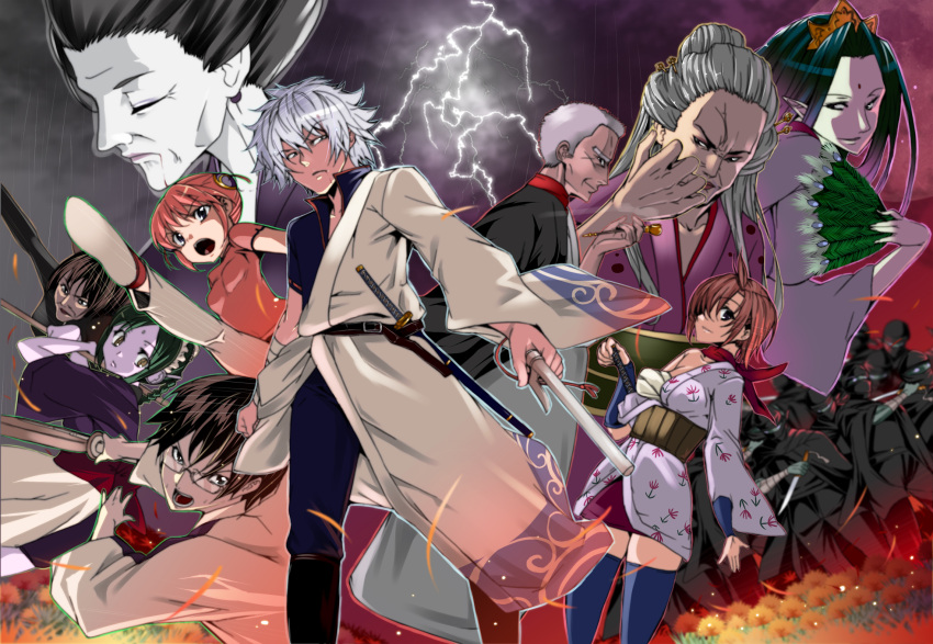 6+boys 6+girls bad_id bad_pixiv_id breasts catherine_(gintama) closed_eyes doromizu_jirochou doromizu_pirako electricity expressionless gintama glasses grey_hair hadanugi_dousa highres japanese_clothes jitte kagura_(gintama) kimono knife kujaku_hime_kada lightning lightning_bolt_symbol medium_breasts multiple_boys multiple_girls old old_woman open_clothes open_kimono otose pale_skin photoshop_(medium) saigou_tokumori sakata_gintoki shimura_shinpachi short_hair small_breasts tama_(gintama) tanaka_deshirittoru tunic weapon