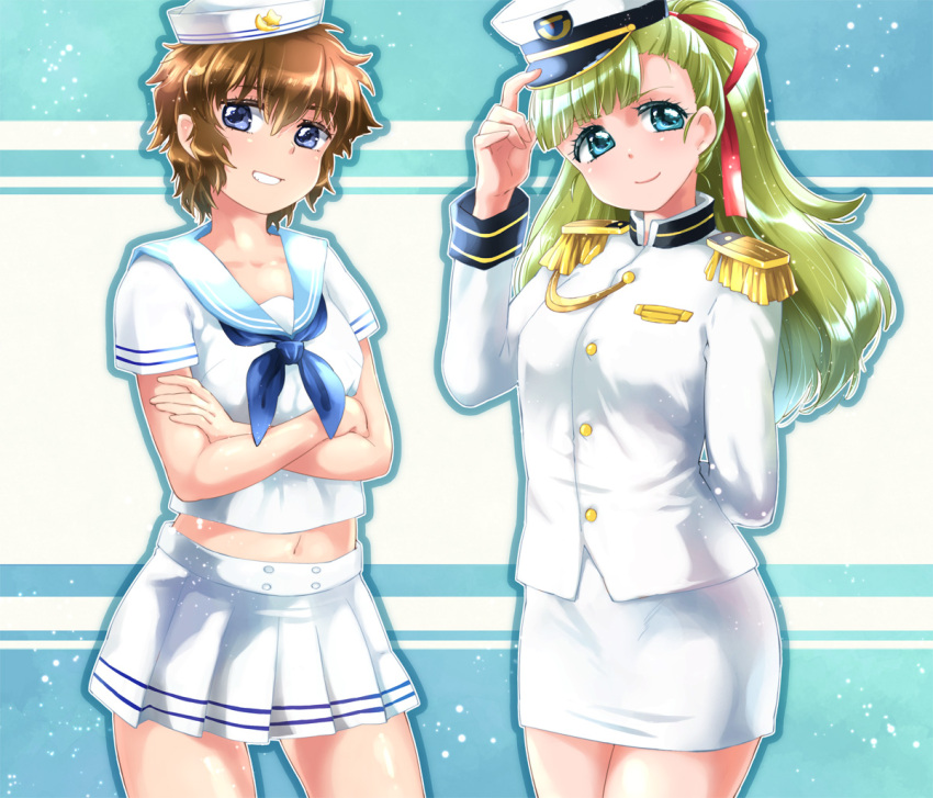 2girls bad_id bad_pixiv_id blue_eyes brown_hair crossed_arms dixie_cup_hat epaulettes green_hair grin hair_ribbon hand_on_headwear hat head_tilt jenny_dolittle light_particles long_hair looking_at_viewer lynn_lambretta midriff military military_hat military_uniform miniskirt_pirates multiple_girls mutou_mato peaked_cap pencil_skirt pleated_skirt ribbon sailor short_hair skirt smile star_(symbol) starry_background striped striped_background uniform wide_ponytail