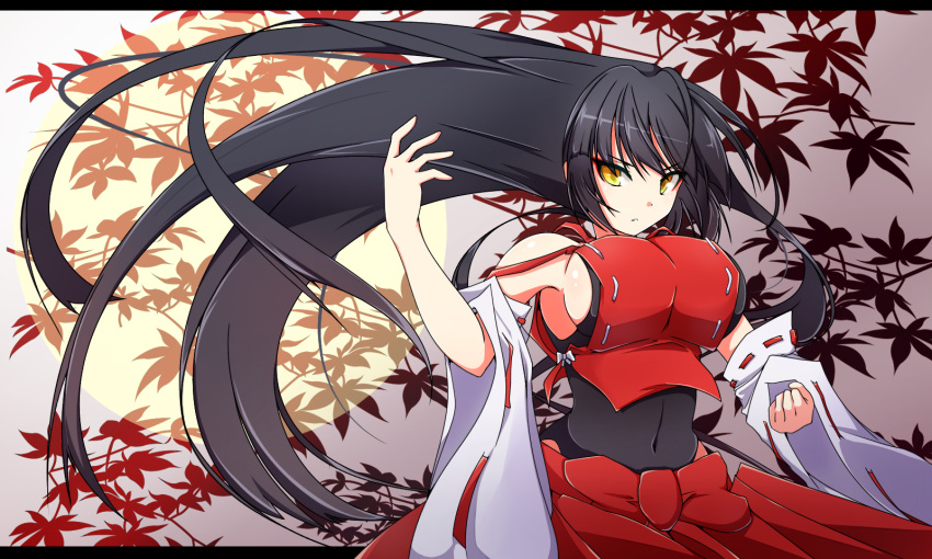 bare_shoulders black_hair breasts commentary_request detached_sleeves female fighting_stance hakama hakama_skirt highres japanese_clothes large_breasts leotard long_hair m.u.g.e.n nontraditional_miko original red_hakama sendai_hakurei_no_miko sideboob skirt solo standing tenpesuto very_long_hair wide_sleeves yellow_eyes