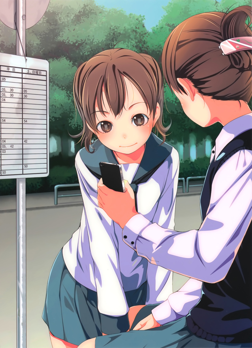 2girls absurdres blush brown_eyes brown_hair bus_stop cellphone eye_reflection hair_ornament highres holding looking_at_another multiple_girls original phone photoshop_(medium) reflection scan school_uniform short_hair sign skirt smartphone smile sody sweater_vest