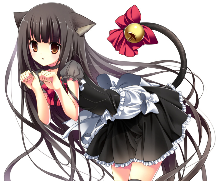 animal_ears apron bell black_hair black_thighhighs blush cat_ears cat_tail commentary_request female long_hair nametakenoko original paw_pose red_eyes simple_background solo tail thighhighs very_long_hair waist_apron white_background