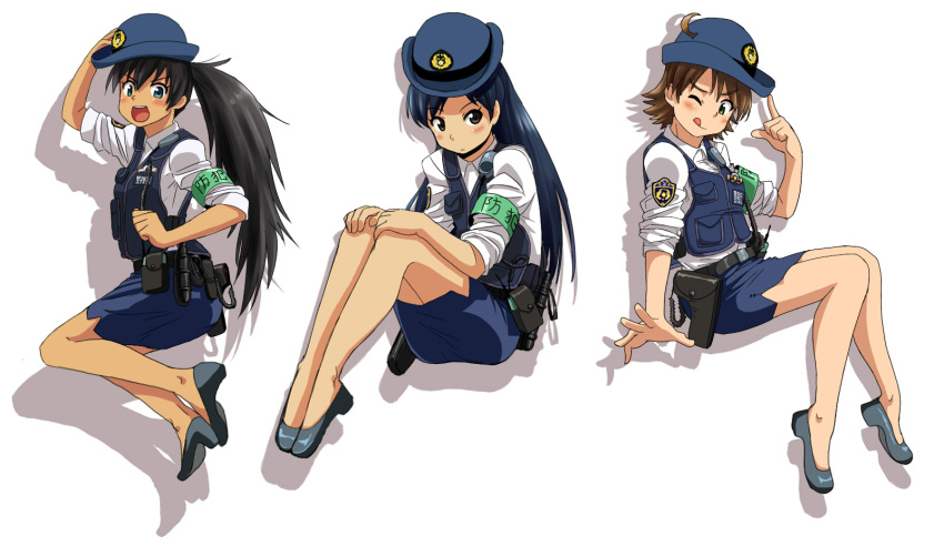 3girls ;q ahoge awakened_miki black_hair blue_hair blush brown_hair commentary_request cosplay female_service_cap ganaha_hibiki gun handgun hat highres holster hoshii_miki idolmaster idolmaster_(classic) kisaragi_chihaya kozou_(rifa) legs legs_folded long_hair looking_at_viewer multiple_girls one_eye_closed open_mouth pencil_skirt police police_hat police_uniform policewoman ponytail shadow shoes short_hair simple_background skirt sleeves_pushed_up smile tongue tongue_out uniform vest weapon white_background