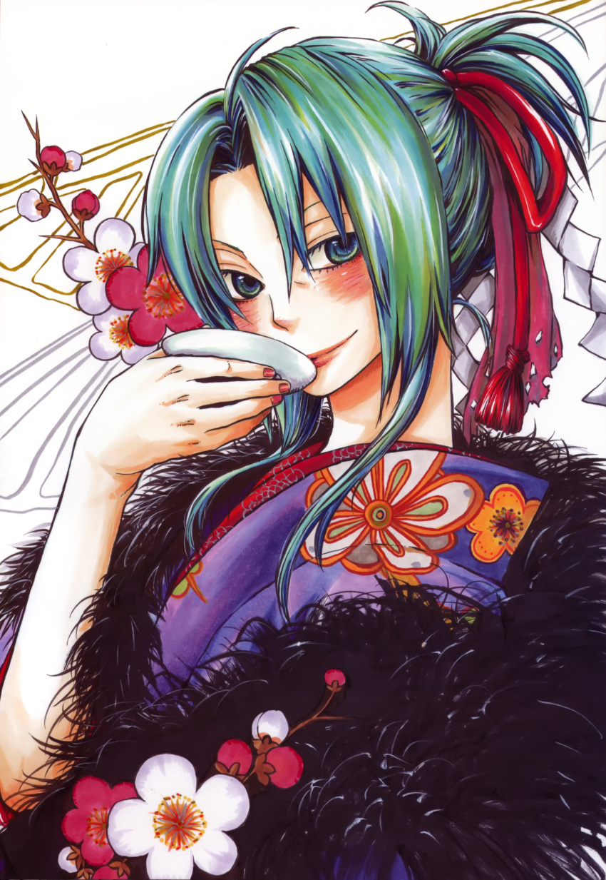 absurdres ahoge blush cup drunk feather_boa female floral_print flower green_eyes green_hair hair_ribbon hair_up highres higurashi_no_naku_koro_ni japanese_clothes kimono lips looking_at_viewer mimori nail_polish plum_blossoms ribbon sakazuki scan shide sidelocks smile solo sonozaki_shion tassel upper_body yoigoshi-hen