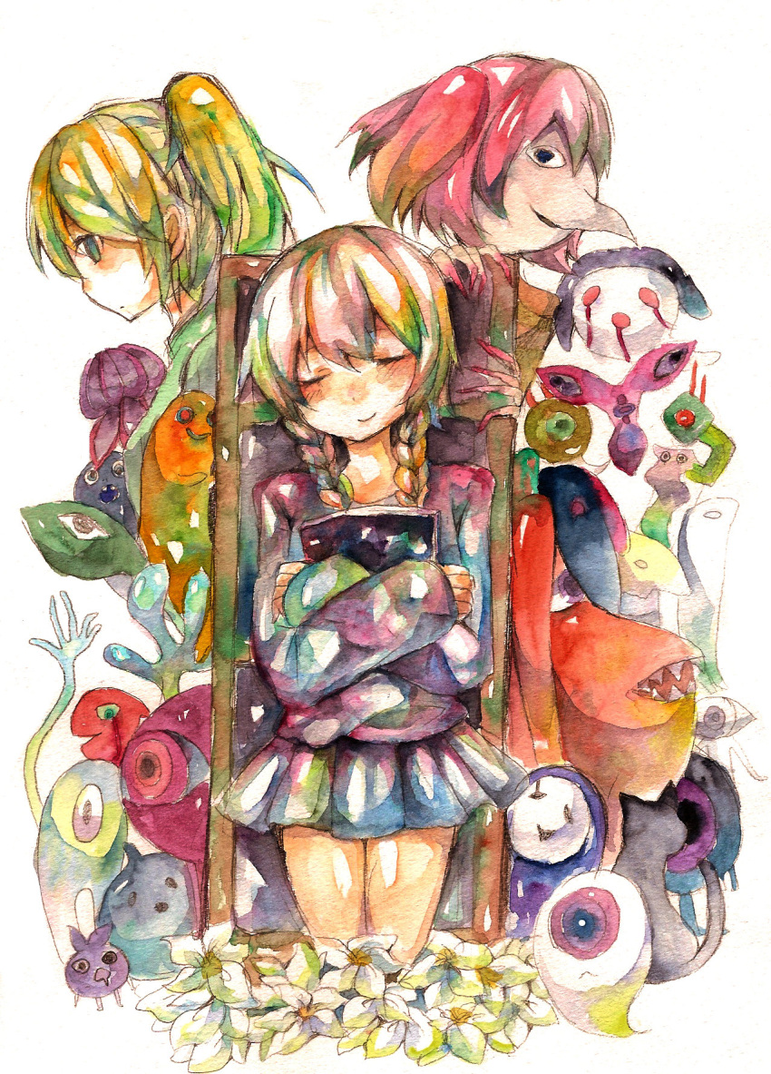 black_cat blonde_hair book braid brown_hair chair character_request closed_eyes closed_mouth commentary_request eye_person_(yume_nikki) facing_viewer feline female fingernails flower floyag highres holding hugging_object jellyfish_(yume_nikki) kyukkyu-kun long_hair long_sleeves madotsuki niyasuke_(yama) painting_(medium) poniko ponytail sitting smile straight-on toriningen traditional_media twin_braids uboa watercolor_(medium) white_background white_flower yume_nikki