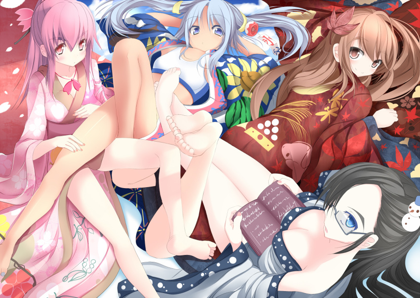 4girls bare_legs barefoot black_hair blue_eyes blue_hair blush breasts brown_eyes brown_hair commentary_request feet flat_chest flower from_above glasses highres japanese_clothes kimono leaf legs long_hair looking_at_viewer looking_back lying multiple_girls on_back on_stomach original pink_eyes pink_hair sitting smile soles sukage toe_scrunch toes very_long_hair