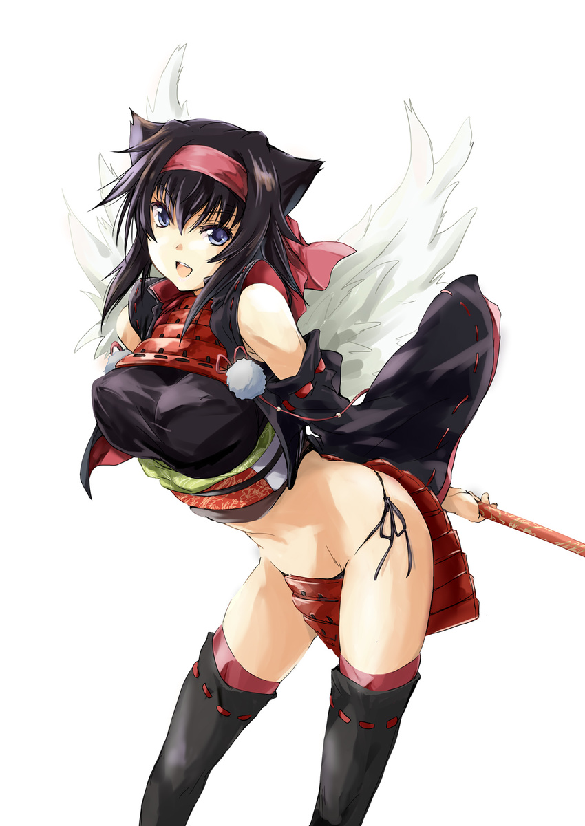 animal_ears black_eyes black_hair black_thighhighs commentary_request female highres loincloth matsukura_nemu midriff navel panties partially_colored photoshop_(medium) satomi_(sengoku_taisen) sengoku_taisen short_hair side-tie_panties solo thighhighs underwear wings