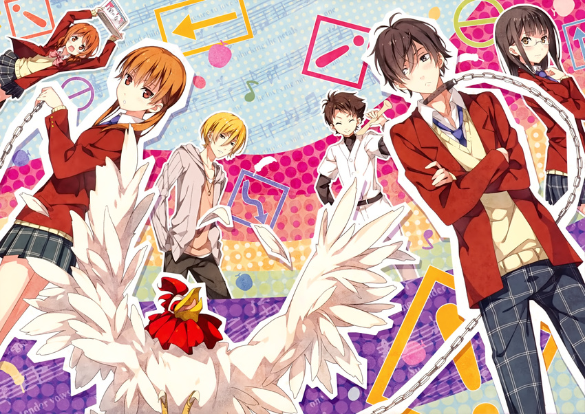 ! 3boys 3girls apple arrow_(symbol) baseball_bat bird black_hair blonde_hair blush bow bowtie brown_eyes brown_hair cardigan chains chicken closed_eyes collar computer embarrassed food frown fruit glasses grey_eyes hands_in_pockets highres kantoku laptop long_hair male_chicken mizutani_shizuku multiple_boys multiple_girls musical_note nagoya_(kaibutsu-kun) natsume_asako necktie ooshima_chizuru open_mouth sasahara_souhei school_uniform short_hair skirt smile tears tonari_no_kaibutsu-kun yamaguchi_kenji yoshida_haru