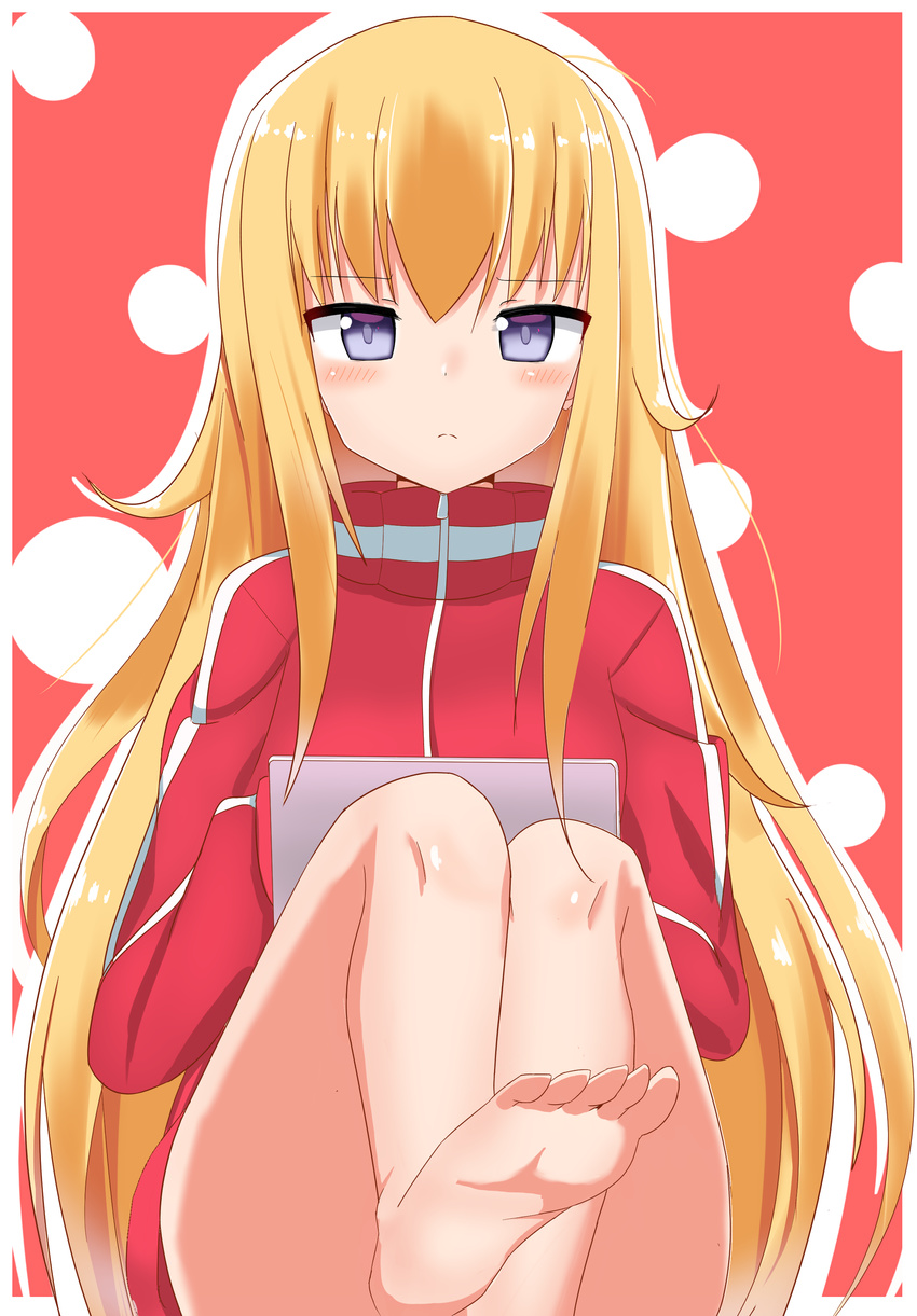 absurdres bad_id bad_pixiv_id barefoot blonde_hair blue_eyes computer dagashiya_(habomaiyabu) female gabriel_dropout gabriel_tenma_white highres jacket laptop long_hair long_sleeves looking_at_viewer messy_hair sitting solo track_jacket very_long_hair