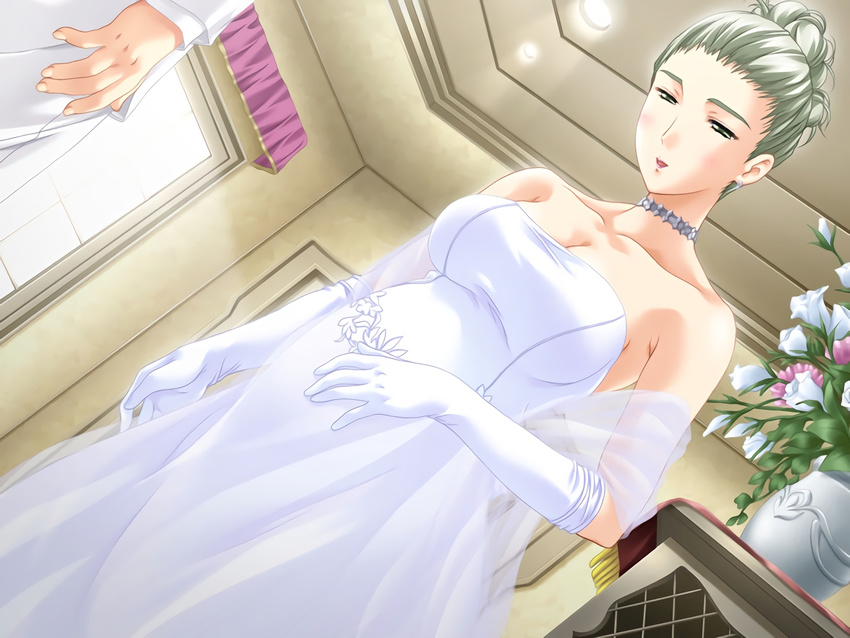 bare_shoulders blush breasts choker dutch_angle earrings elbow_gloves female game_cg gloves hair_bun highres indoors jewelry large_breasts lucha! male_hand milf no_bra pregnant red_lipstick todoroki_kayo upscaled waifu2x wedding_dress yoyogi_hitozuma_senmon_gakuin