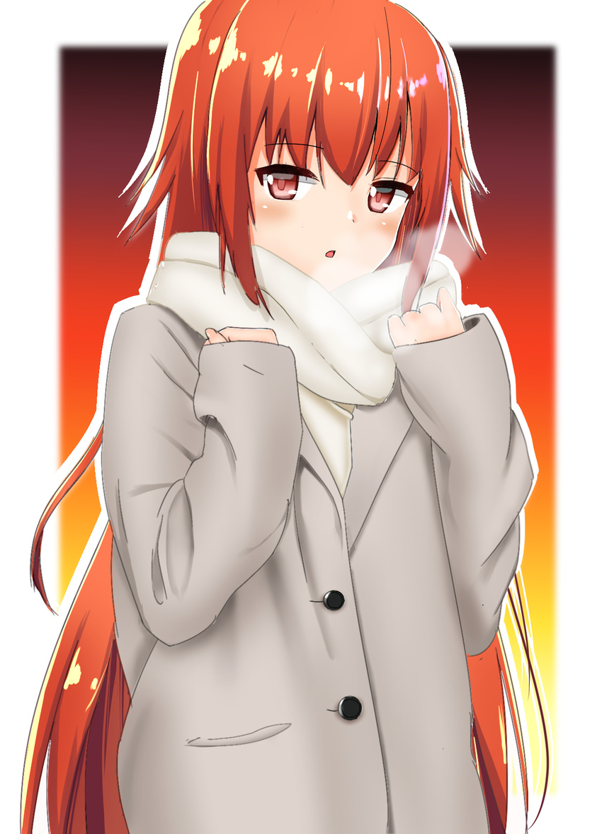 :o aka_no_ripika bad_id bad_pixiv_id beatmania_iidx breath coat dagashiya_(habomaiyabu) female highres long_hair looking_at_viewer red_eyes red_hair scarf sleeves_past_wrists solo very_long_hair winter_clothes