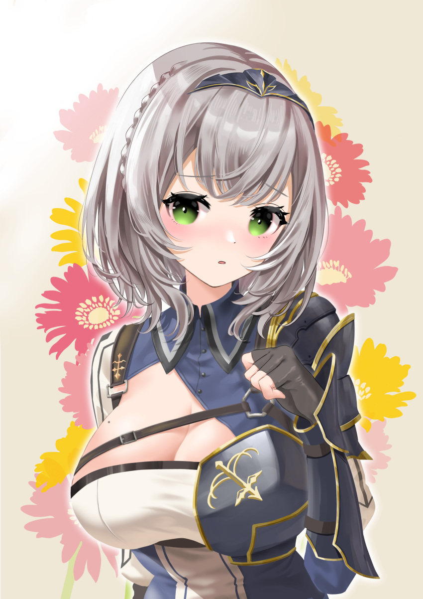 absurdres armor belt belt_buckle black_belt black_gloves blush braid breasts buckle cleavage commentary_request female fingerless_gloves floral_background genjitsu_pirika gloves green_eyes grey_hair hand_up highres hololive large_breasts looking_at_viewer medium_hair mole mole_on_breast parted_lips shirogane_noel shirogane_noel_(1st_costume) shoulder_armor solo tiara upper_body virtual_youtuber