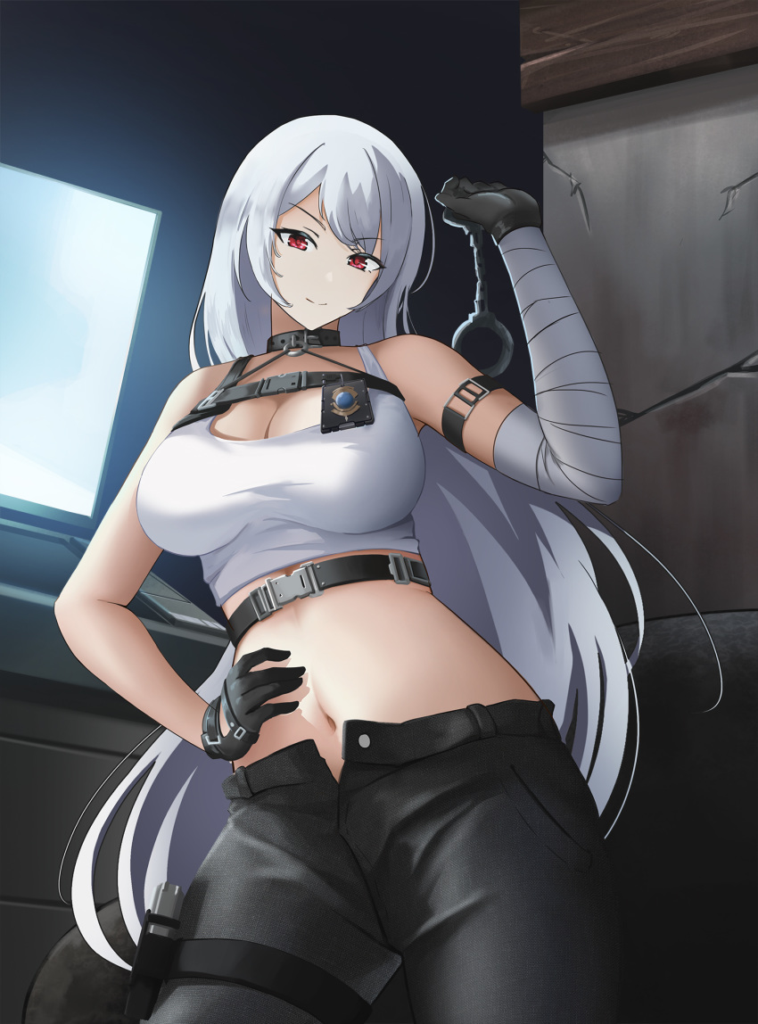 azur_lane bandaged_arm bandages bare_shoulders black_gloves black_pants blush breasts chest_strap choker cleavage crop_top cuffs female gan-viking gloves gun hair_between_eyes hair_ornament handcuffs handgun highres large_breasts long_hair looking_at_viewer midriff navel official_alternate_costume pants police_badge red_eyes shirt solo sovetskaya_rossiya_(azur_lane) sovetskaya_rossiya_(the_lackadaisical_lookout)_(azur_lane) very_long_hair weapon white_hair