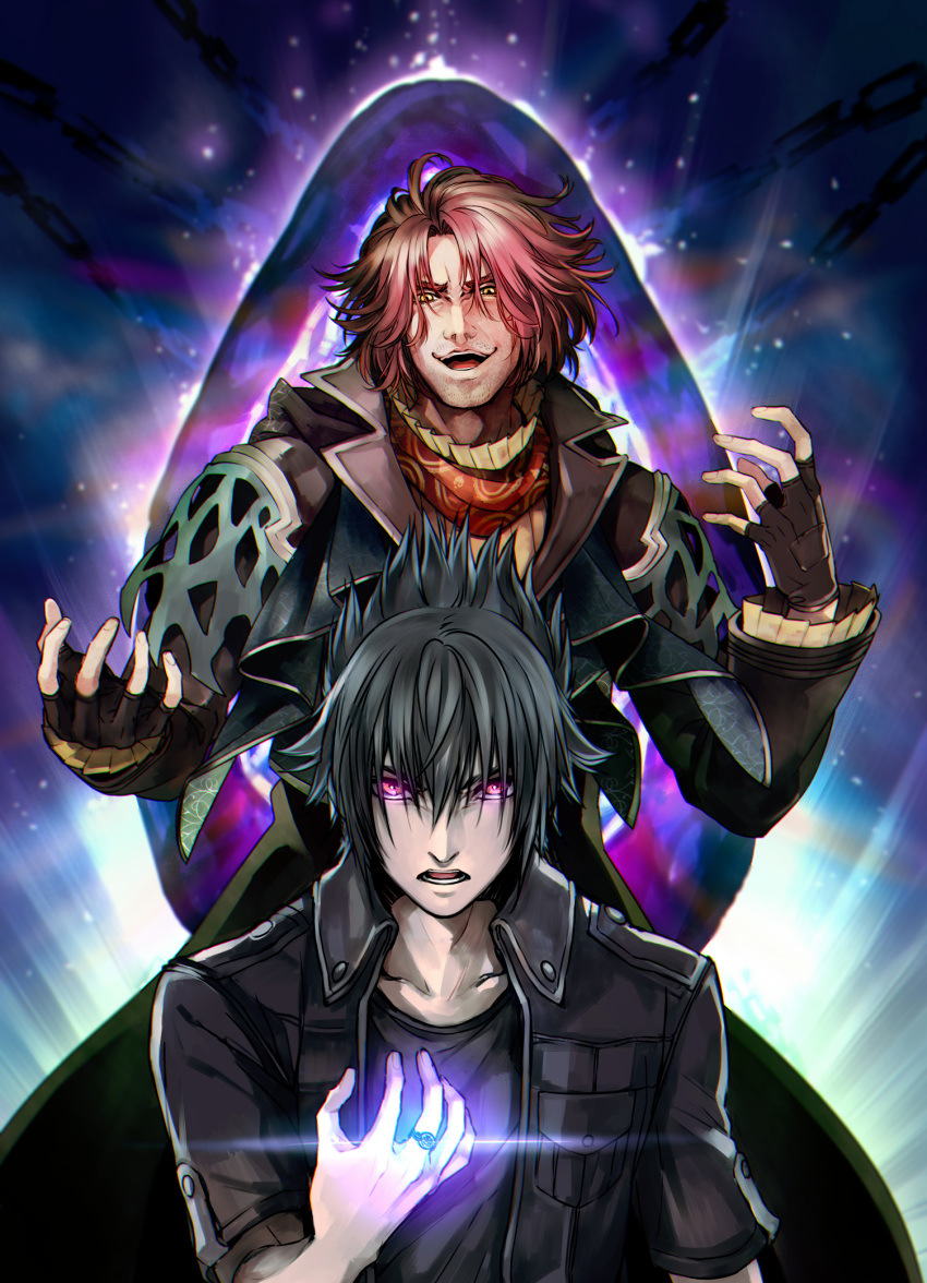 2boys ardyn_izunia bad_id bad_pixiv_id black_gloves black_hair black_jacket brown_hair chains collarbone crystal facial_hair final_fantasy final_fantasy_xv fingerless_gloves fingernails frills gloves hair_between_eyes highres jacket jewelry lens_flare looking_at_viewer male_focus multiple_boys noctis_lucis_caelum open_clothes open_jacket open_mouth purple_eyes ring stubble tarutaru_yamaoka teeth tongue yellow_eyes