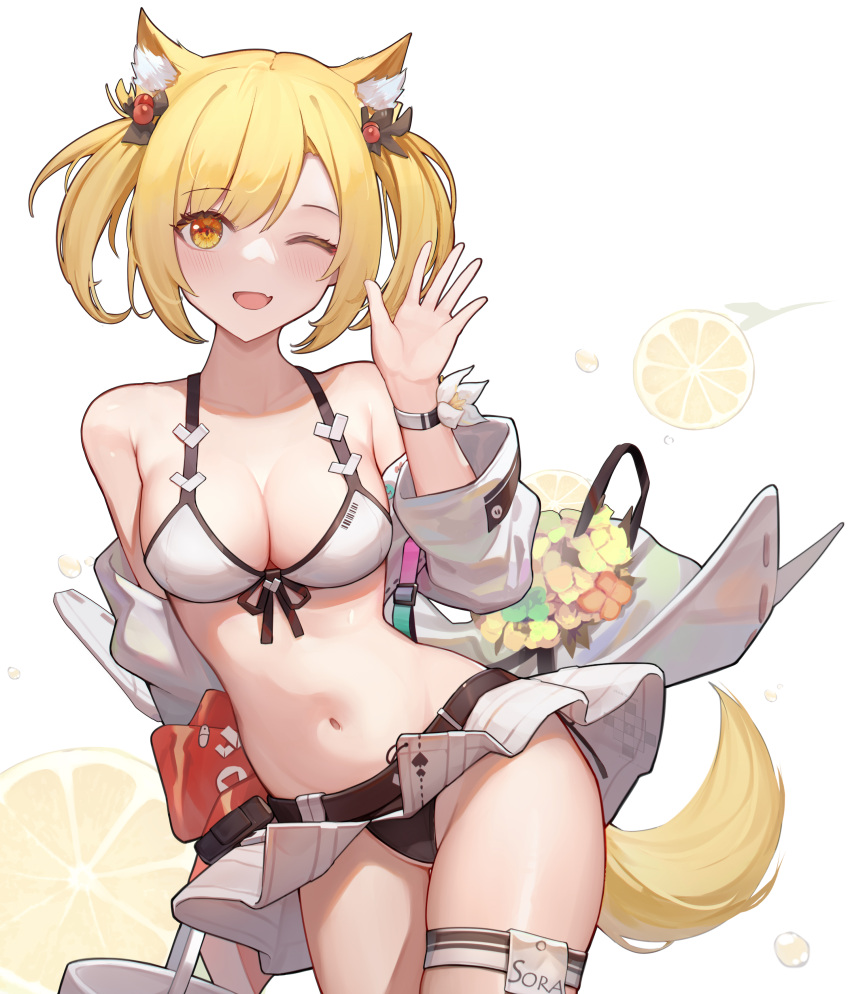 ;d absurdres animal_ear_fluff animal_ears arknights bangs bare_shoulders bikini bikini_skirt blonde_hair blush breasts cleavage cowboy_shot cyanide-whale female groin hand_up highres jacket long_sleeves looking_at_viewer miniskirt official_alternate_costume one_eye_closed open_clothes open_jacket open_mouth short_hair simple_background skirt smile solo sora_(arknights) sora_(summer_flowers)_(arknights) standing swimsuit tail thigh_strap thighs twintails white_background white_bikini white_jacket white_skirt wolf_ears wolf_tail yellow_eyes