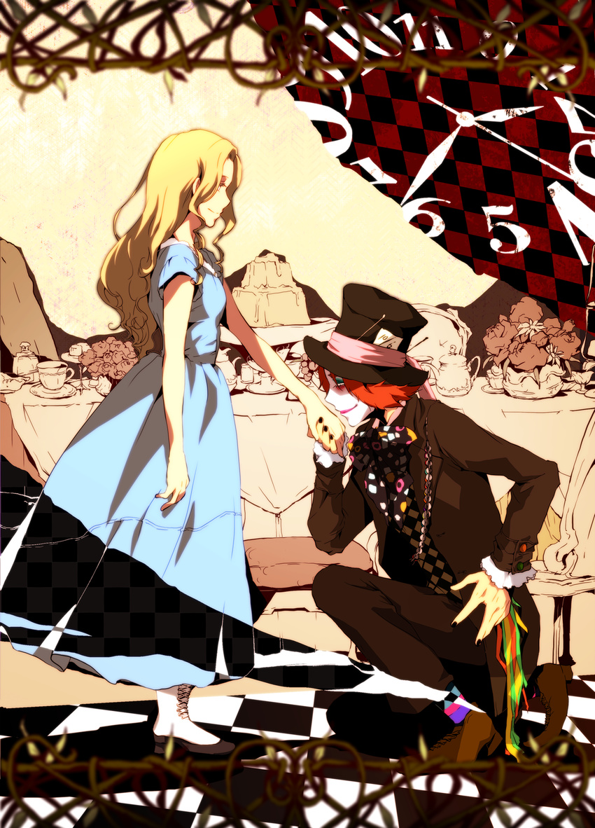 1boy alice_(alice_in_wonderland) alice_in_wonderland alice_in_wonderland_(2010_film) alice_kingsleigh bad_id bad_pixiv_id blonde_hair dress female flower hat highres long_hair mad_hatter_(alice_in_wonderland) nail_polish orange_hair sinba_(ying-hua) tarrant_hightopp top_hat