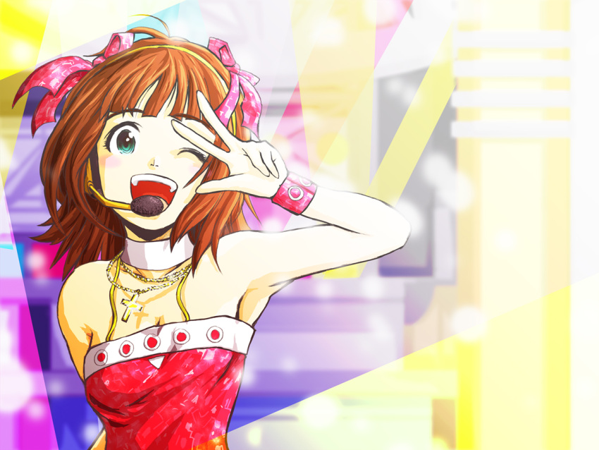 amami_haruka armpits bare_shoulders commentary_request cool_&_sexy_(idolmaster) cross female green_eyes hair_ribbon headset idolmaster idolmaster_(classic) jewelry kibo necklace one_eye_closed photoshop_(medium) ribbon short_hair solo wristband