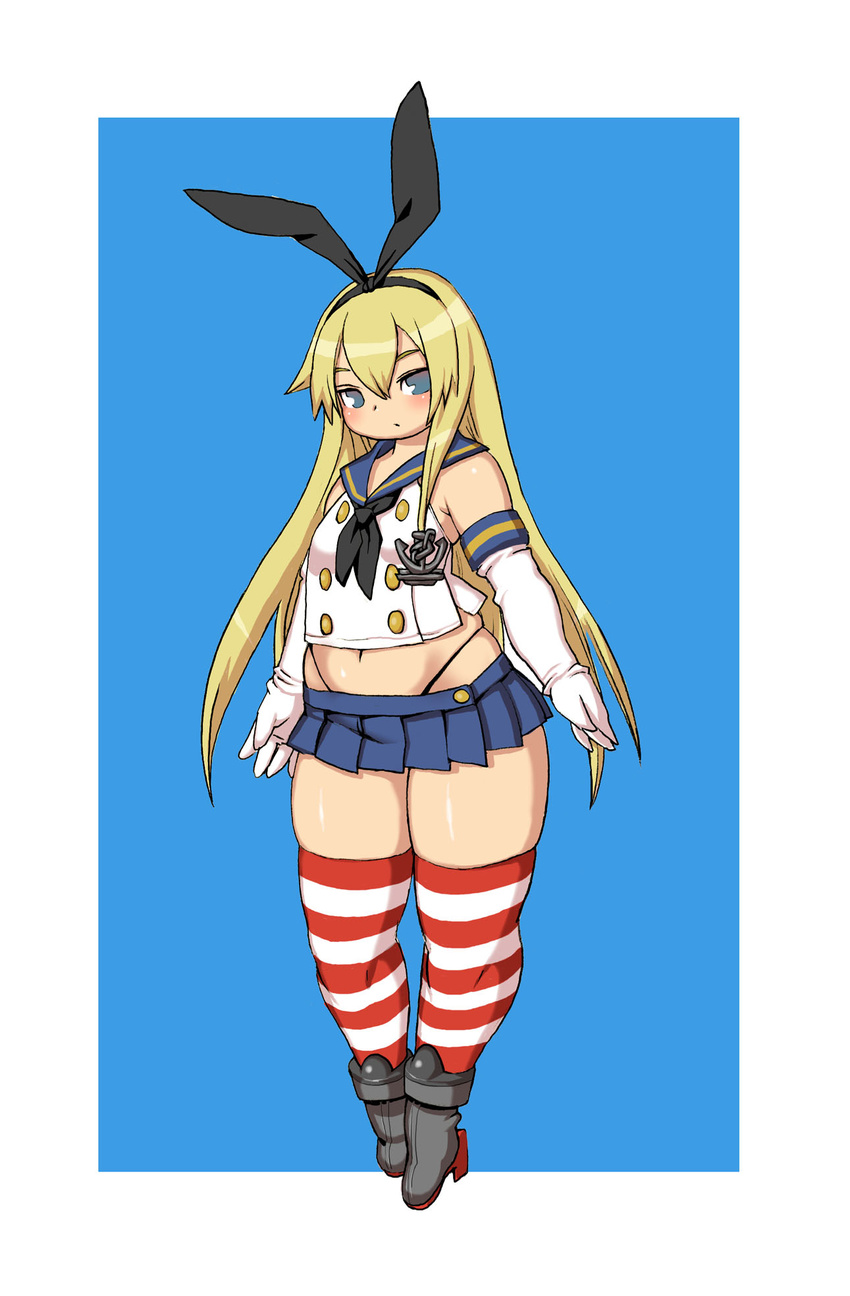 bare_shoulders black_neckerchief blonde_hair blue_eyes breasts commentary_request elbow_gloves female gloves hairband high_heels highres kantai_collection kojima_video long_hair looking_at_viewer microskirt navel neckerchief plump shimakaze_(kancolle) skindentation skirt small_breasts solo striped_clothes striped_thighhighs thick_thighs thighhighs thighs very_long_hair wide_hips