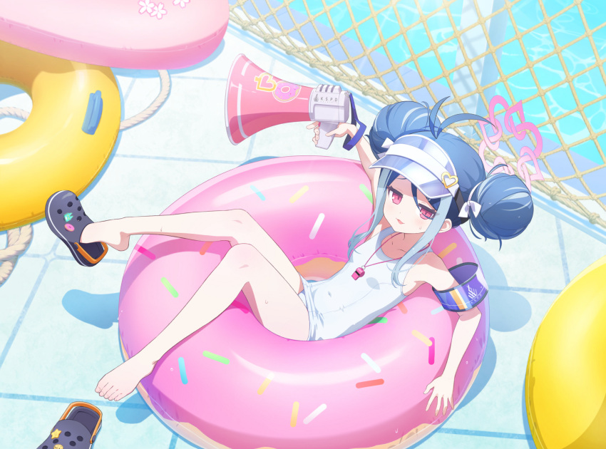 absurdres antenna_hair armband artist_request bare_legs barefoot blue_archive blue_hair collarbone covered_navel crocs double_bun doughnut_innertube female fubuki_(blue_archive) fubuki_(swimsuit)_(blue_archive) game_cg hair_bun hair_ornament halo heart heart_hair_ornament highres holding holding_megaphone innertube light_blue_hair light_blush megaphone multicolored_hair net non-web_source official_alternate_costume official_alternate_hairstyle official_art on_innertube one-piece_swimsuit outdoors pink_halo pool purple_armband red_eyes red_whistle rope school_swimsuit solo streaked_hair stuck sweatdrop swim_ring swimsuit toes two-tone_hair unworn_shoe whistle whistle_around_neck white_one-piece_swimsuit