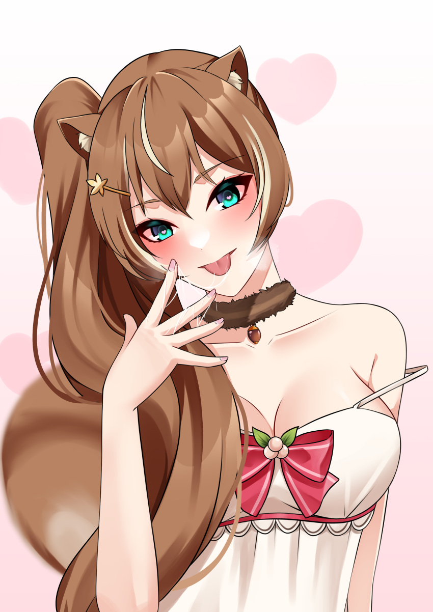 absurdres acorn alternate_hairstyle animal_ears ayunda_risu ayunda_risu_(1st_costume) blanc_(studio_artblock) blush bow breasts brown_choker brown_hair choker cleavage dress fur_choker green_eyes hair_ornament hand_on_own_face heart heart-shaped_pupils high_side_ponytail highres hololive hololive_indonesia leaf_hair_ornament makeup medium_breasts meme multicolored_hair pink_lips red_bow saliva saliva_on_hand saliva_trail sidetail_miku_noodle_stopper_(meme) squirrel_ears squirrel_girl squirrel_tail strap_slip streaked_hair symbol-shaped_pupils tail tongue tongue_out upper_body virtual_youtuber white_background white_dress