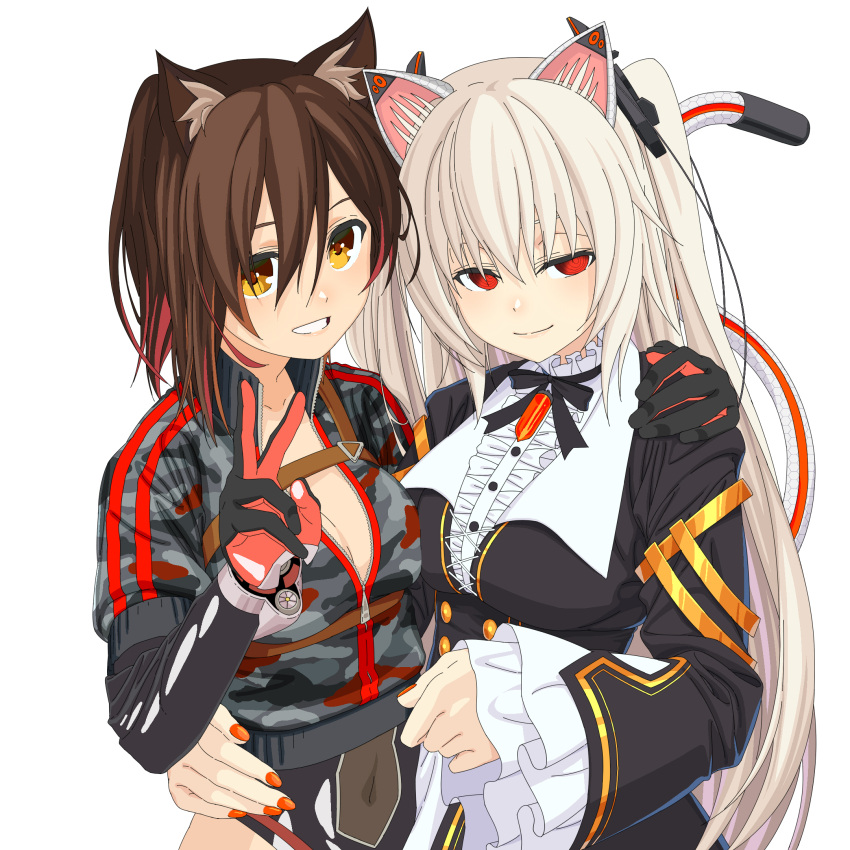 2girls animal_ears arm_around_shoulder arm_around_waist black_coat black_gloves black_leotard black_ribbon blonde_hair boko_(maniacpurple) breasts brooch brown_hair camouflage camouflage_jacket cat_ears cat_girl cat_tail center_frills chest_harness cleavage coat commentary_request corset covered_navel cropped_jacket dress frills gloves grey_jacket grin hair_between_eyes half-closed_eyes harness highres hololive jacket jewelry kemonomimi_mode leotard long_hair long_sleeves looking_at_viewer mechanical_ears mechanical_tail medium_breasts medium_hair multicolored_hair multiple_girls neck_ribbon nora_cat nora_cat_channel partially_unzipped ponytail red_eyes red_gloves red_hair red_nails ribbon ringed_eyes roboco-san roboco-san_(1st_costume) simple_background smile streaked_hair tail tail_raised two-tone_gloves two_side_up underbust upper_body v virtual_youtuber white_background white_dress wide_sleeves yellow_eyes