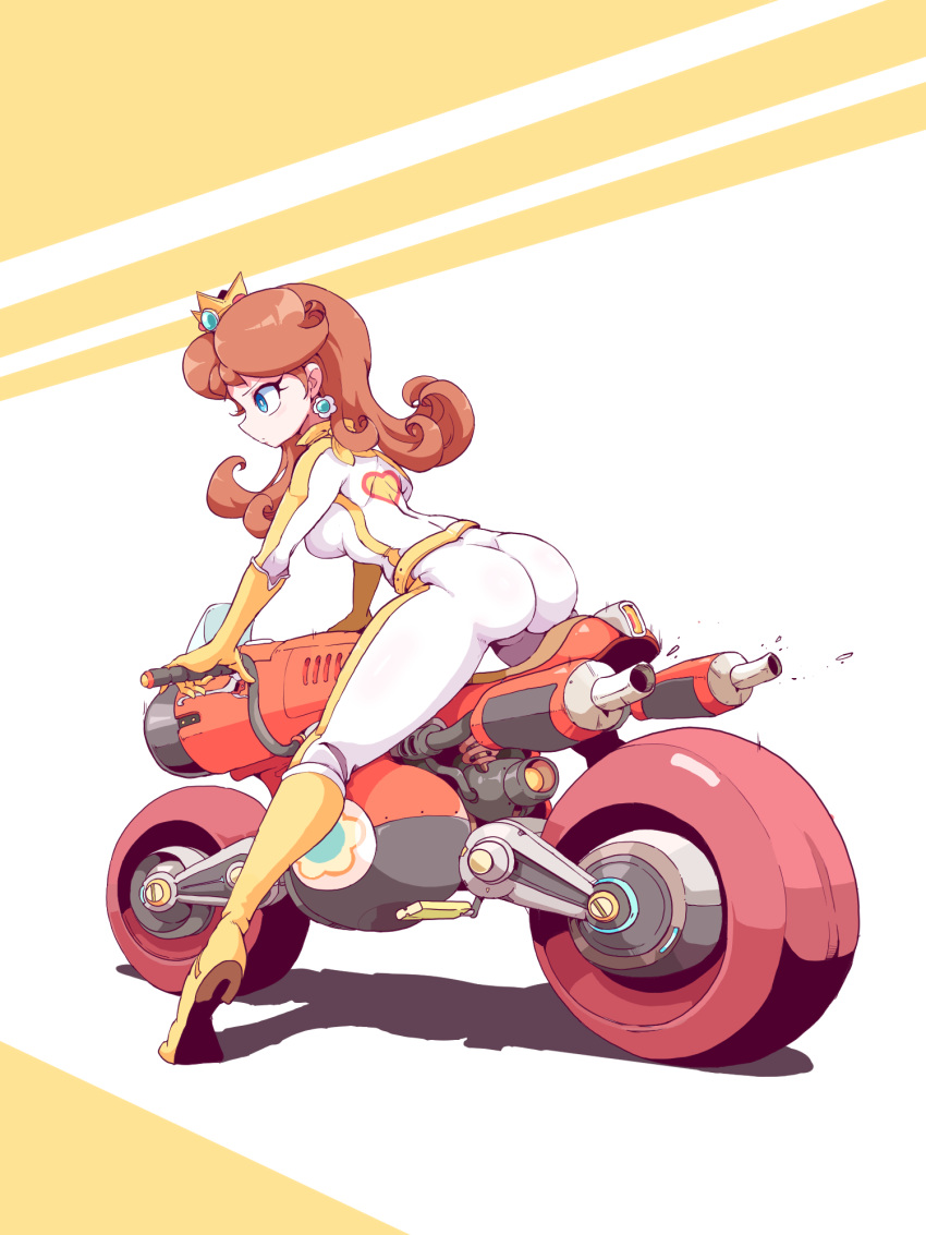 ass biker_clothes bikesuit blue_eyes bodysuit brown_hair comet_(mario_kart) crown earrings female flower_earrings from_behind gloves highres ioh jewelry long_hair mario_(series) mario_kart mario_kart_8 motor_vehicle motorcycle on_motorcycle orange_gloves orange_scarf princess_daisy scarf simple_background two-tone_background