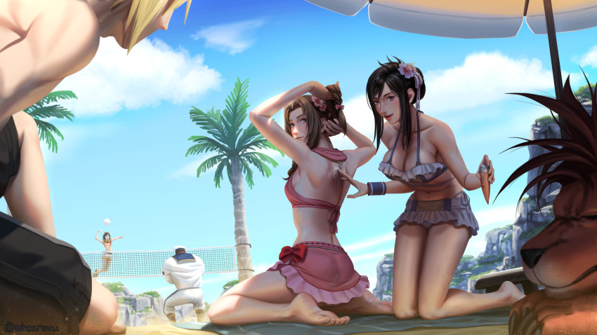 3boys 3girls aerith_gainsborough aerith_gainsborough_(pink_mermaid) applying_sunscreen back bare_legs barefoot barret_wallace barret_wallace_(junon_naval_crew) beach_umbrella bikini bikini_skirt black_hair blonde_hair breasts brown_hair claws cloud_strife cloud_strife_(wild_surf) final_fantasy final_fantasy_vii final_fantasy_vii_rebirth final_fantasy_vii_remake flower frilled_bikini frills hair_flower hair_ornament hat highres jumping kneeling large_breasts leaning_forward looking_back lotion midair multiple_boys multiple_girls official_alternate_costume official_alternate_hairstyle palm_tree red_fur red_hair red_xiii sailor_hat sand smile sunscreen swimsuit tifa_lockhart tifa_lockhart_(shining_spirit) tree umbrella volleyball volleyball_net whoareuu yuffie_kisaragi yuffie_kisaragi_(summer_orange)