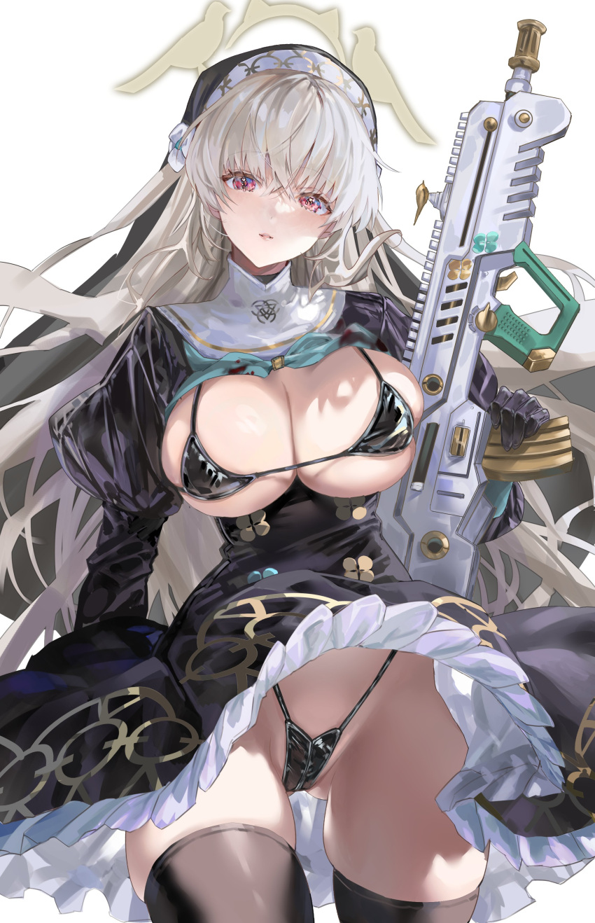 absurdres assault_rifle bikini bikini_under_clothes black_bikini black_dress black_gloves blue_archive blue_neckerchief blush breasts brown_thighhighs bullpup cleavage crossed_bangs dress female gloves grey_hair gun habit halo highleg highleg_bikini highres hitaki_yuu iwi_tavor juliet_sleeves large_breasts long_hair long_sleeves looking_at_viewer neckerchief nun open_clothes puffy_sleeves purple_eyes rifle sakurako_(blue_archive) simple_background solo swimsuit thighhighs thighs weapon wind wind_lift