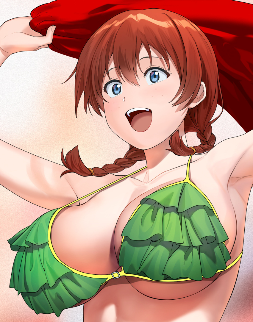 a1_(initial-g) armpits arms_up bare_shoulders bikini blue_eyes blush braid breasts emma_verde female freckles green_bikini hair_between_eyes highres large_breasts long_hair love_live! love_live!_nijigasaki_high_school_idol_club love_live!_school_idol_festival love_live!_school_idol_festival_all_stars low_twin_braids low_twintails medium_hair navel open_mouth outdoors red_hair red_towel smile solo swimsuit twin_braids twintails