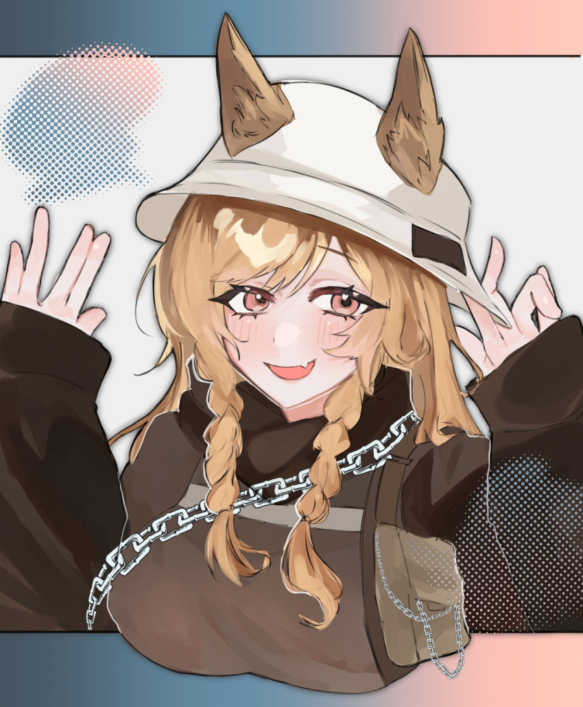 animal_ears arknights black_jacket black_scarf braid brown_eyes brown_hair bucket_hat ceobe_(arknights) ceobe_(unfettered)_(arknights) chains dddddvkoko dog_ears dog_girl ears_through_headwear female hat highres jacket long_hair long_sleeves looking_at_viewer official_alternate_costume open_clothes open_mouth scarf side_braids simple_background smile solo twin_braids upper_body white_hat