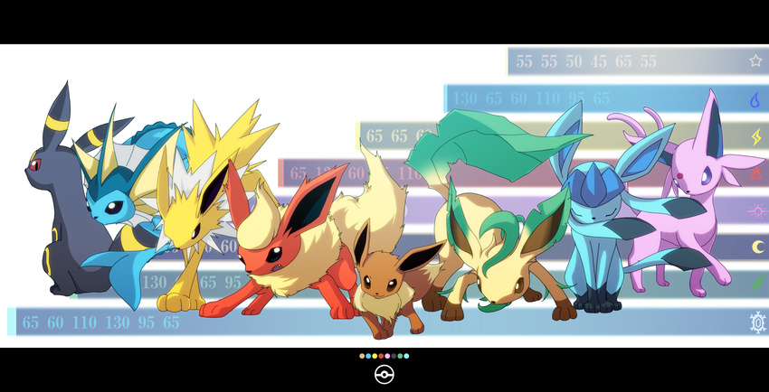 black_eyes brown_eyes commentary_request eevee espeon everyone evolutionary_line flareon forked_tail glaceon highres jolteon kaian leafeon letterboxed no_humans photoshop_(medium) pokemon pokemon_(creature) tail umbreon vaporeon